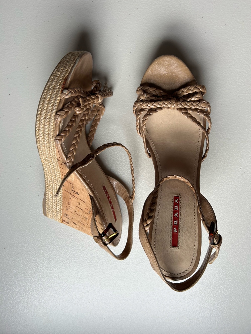 Prada Nude Braided Cork Wedge Sandals 38